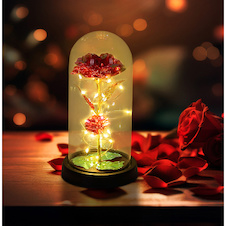 Dekorativní lampa, černý/zlatý lesklý plast, průhledné sklo, bez baterií 3x AAA 1,5 V, 9 ks displej, 6x červená růže, 3x průhledná růže, Ø:11cm V:21cm, smíšený displej, 20x LED 0,036W 3V, 2900K
