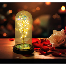 Dekorativní lampa, černý/zlatý lesklý plast, průhledné sklo, bez baterií 3x AAA 1,5 V, 9 ks displej, 6x červená růže, 3x průhledná růže, Ø:11cm V:21cm, smíšený displej, 20x LED 0,036W 3V, 2900K