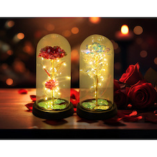 Dekorativní lampa, černý/zlatý lesklý plast, průhledné sklo, bez baterií 3x AAA 1,5 V, 9 ks displej, 6x červená růže, 3x průhledná růže, Ø:11cm V:21cm, smíšený displej, 20x LED 0,036W 3V, 2900K