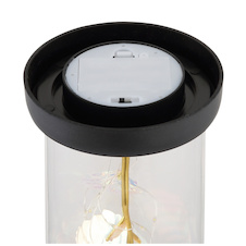 Dekorativní lampa, černý/zlatý lesklý plast, průhledné sklo, bez baterií 3x AAA 1,5 V, 9 ks displej, 6x červená růže, 3x průhledná růže, Ø:11cm V:21cm, smíšený displej, 20x LED 0,036W 3V, 2900K