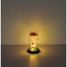 Dekorativní lampa, černý/zlatý lesklý plast, průhledné sklo, bez baterií 3x AAA 1,5 V, 9 ks displej, 6x červená růže, 3x průhledná růže, Ø:11cm V:21cm, smíšený displej, 20x LED 0,036W 3V, 2900K