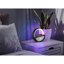 Stolní lampa, černý plast/chrom, šedá tkanina, dotykový vypínač, Bluetooth, paměť, bez adaptéru, USB-A 2.0 - USB-C, bezdrátová, funkce nabíjení, 5W reproduktor, CR18650 1800mAh 3,7V, DxŠxV:20x11,5x18cm, RGB LED 3,5W 5V