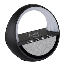 Stolní lampa, černý plast/chrom, šedá tkanina, dotykový vypínač, Bluetooth, paměť, bez adaptéru, USB-A 2.0 - USB-C, bezdrátová, funkce nabíjení, 5W reproduktor, CR18650 1800mAh 3,7V, DxŠxV:20x11,5x18cm, RGB LED 3,5W 5V