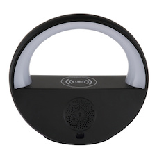Stolní lampa, černý plast/chrom, šedá tkanina, dotykový vypínač, Bluetooth, paměť, bez adaptéru, USB-A 2.0 - USB-C, bezdrátová, funkce nabíjení, 5W reproduktor, CR18650 1800mAh 3,7V, DxŠxV:20x11,5x18cm, RGB LED 3,5W 5V