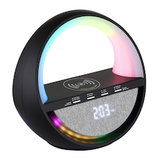 Stolní lampa, černý plast/chrom, šedá tkanina, dotykový vypínač, Bluetooth, paměť, bez adaptéru, USB-A 2.0 - USB-C, bezdrátová, funkce nabíjení, 5W reproduktor, CR18650 1800mAh 3,7V, DxŠxV:20x11,5x18cm, RGB LED 3,5W 5V