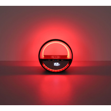 Stolní lampa, černý plast/chrom, šedá tkanina, dotykový vypínač, Bluetooth, paměť, bez adaptéru, USB-A 2.0 - USB-C, bezdrátová, funkce nabíjení, 5W reproduktor, CR18650 1800mAh 3,7V, DxŠxV:20x11,5x18cm, RGB LED 3,5W 5V