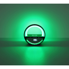 Stolní lampa, černý plast/chrom, šedá tkanina, dotykový vypínač, Bluetooth, paměť, bez adaptéru, USB-A 2.0 - USB-C, bezdrátová, funkce nabíjení, 5W reproduktor, CR18650 1800mAh 3,7V, DxŠxV:20x11,5x18cm, RGB LED 3,5W 5V