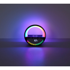 Stolní lampa, černý plast/chrom, šedá tkanina, dotykový vypínač, Bluetooth, paměť, bez adaptéru, USB-A 2.0 - USB-C, bezdrátová, funkce nabíjení, 5W reproduktor, CR18650 1800mAh 3,7V, DxŠxV:20x11,5x18cm, RGB LED 3,5W 5V