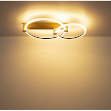 Stropní svítidlo, kov s imitací tmavého dřeva, matný zlatý kov, průhledný bílý plast, DxŠxV: 580x400x115 mm, průměr prstence: 1x 38 cm, 1x 28 cm, vč. LED 24W 230V, zdroj 2550 lm, výkon 2100 lm, 3000K