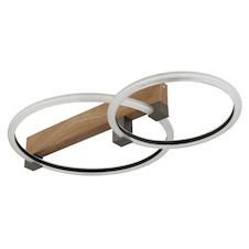 Stropní svítidlo, kov s imitací tmavého dřeva, matný zlatý kov, průhledný bílý plast, DxŠxV: 580x400x115 mm, průměr prstence: 1x 38 cm, 1x 28 cm, vč. LED 24W 230V, zdroj 2550 lm, výkon 2100 lm, 3000K