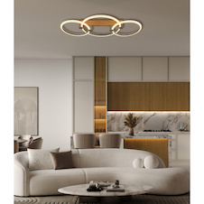 Stropní svítidlo, kov s efektem dřeva, zlatý kov, průhledný plast, bílá barva, DxŠxV:76,1x38x11,5cm, včetně LED 40W 230V, zdroj 4700lm, výstup 3340lm, 3000K
