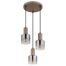 Závěsné svítidlo, kov v barvě kávy, kouřové sklo, čiré, černý PVC kabel, výška nastavitelná, ø:28cm, V:150cm, bez žárovek 3x E27, max. 40W 230V
