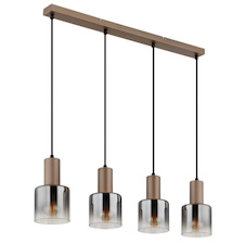 Závěsné svítidlo, kov v barvě kávy, kouřové sklo, čiré, černý PVC kabel, nastavitelná výška, DxŠxV:78x12x150cm, bez žárovek 4x E27, max. 40W 230V