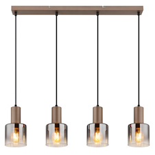 Závěsné svítidlo, kov v barvě kávy, kouřové sklo, čiré, černý PVC kabel, nastavitelná výška, DxŠxV:78x12x150cm, bez žárovek 4x E27, max. 40W 230V