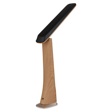 Stolní lampa, plastová imitace dřeva, černá, zlatá, průhledné sklo, dotykové zapnutí/vypnutí, plynulý dotykový spínač, USB-A 2.0 - USB-C, CR18650 1800 mAh 3,7 V, DxŠxV:24,5x5,5x31,5cm, LED 2W 230V, výstup 7–140lm, změna barvy světla 4000/5000/3000K