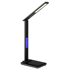Stolní lampa, černý plast, dotykové zapnutí/vypnutí, hladký dotykový spínač, včetně USB kabelu, USB-A 2.0 - USB-C, CR2032 3V, V:37,5cm, Š:28,5cm, LED 5W 230V, zdroj 20–430lm, výstup 10–200lm, změna barvy světla 3000/4500/7000K