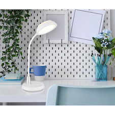 Stolní lampa, bílá a stříbrná plastová, dotykové zapnutí/vypnutí, dotykový spínač plynulý, paměť, včetně adaptéru, Flexo, DxŠxV:30,5x17x45cm, LED 12W 230V, zdroj 70–950lm, výstup 60–650lm, změna barvy světla 3000/4000/6000K