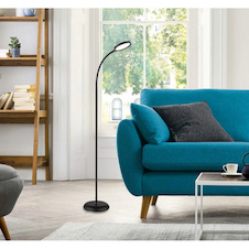 Stojací lampa, kov a černý plast, dotykové zapnutí/vypnutí, dotykový vypínač, paměť, včetně adaptéru, DxŠxV:50x22x125cm, max. výška 153cm, včetně LED 8W 230V, 800lm zdroj, 640lm výstup, změna barvy světla 2700-6000K