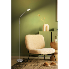 Stojací lampa, matný niklový kov, saténový akrylát, průhledný, dotykové zapnutí/vypnutí, dotykový vypínač, DxŠxV:52x20x173cm, délka kabelu 180cm, včetně LED 6,5W 230V, 700lm zdroj, 350 lm výstup, změna barvy světla 2700/3350/4000K