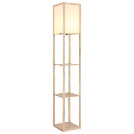 Stojací lampa, hnědé dřevo, bílá látka, bílý PVC kabel, tahový vypínač, DxŠxV:26x26x159cm, délka kabelu 180cm, bez žárovky 1x E27, max. 60W 230V