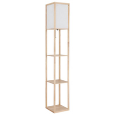Stojací lampa, hnědé dřevo, bílá látka, bílý PVC kabel, tahový vypínač, DxŠxV:26x26x159cm, délka kabelu 180cm, bez žárovky 1x E27, max. 60W 230V