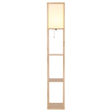 Stojací lampa, hnědé dřevo, bílá látka, bílý PVC kabel, tahový vypínač, DxŠxV:26x26x159cm, délka kabelu 180cm, bez žárovky 1x E27, max. 60W 230V