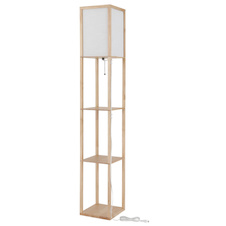 Stojací lampa, hnědé dřevo, bílá látka, bílý PVC kabel, tahový vypínač, DxŠxV:26x26x159cm, délka kabelu 180cm, bez žárovky 1x E27, max. 60W 230V