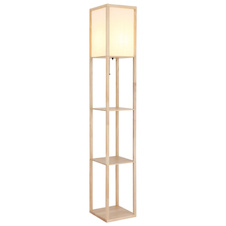 Stojací lampa, hnědé dřevo, bílá látka, bílý PVC kabel, tahový vypínač, DxŠxV:26x26x159cm, délka kabelu 180cm, bez žárovky 1x E27, max. 60W 230V