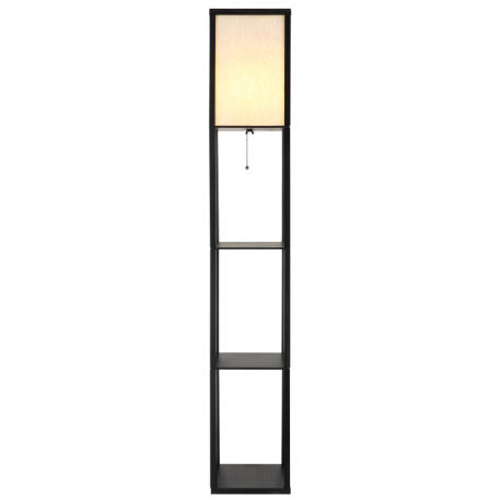 Stojací lampa, černé dřevo, látka v přírodní barvě, černý PVC kabel, tahový vypínač, DxŠxV:26x26x160cm, délka kabelu 180cm, bez žárovky 1x E27, max. 60W 230V