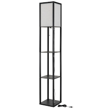 Stojací lampa, černé dřevo, látka v přírodní barvě, černý PVC kabel, tahový vypínač, DxŠxV:26x26x160cm, délka kabelu 180cm, bez žárovky 1x E27, max. 60W 230V