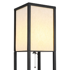 Stojací lampa, černé dřevo, látka v přírodní barvě, černý PVC kabel, tahový vypínač, DxŠxV:26x26x160cm, délka kabelu 180cm, bez žárovky 1x E27, max. 60W 230V