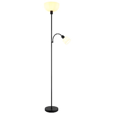Stojací lampa, matný černý kov, bílý plast, Ø:260mm, V:1787mm, délka kabelu 1800mm, velké sklo Ø:26cm, čtecí sklo Ø:11cm, V:9cm, bez žárovky 1x E27, max. 40W 230V, bez žárovky 1x E14, max. 25W 230V