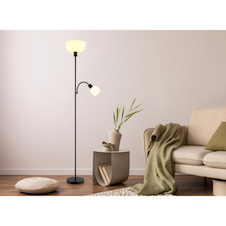 Stojací lampa, matný černý kov, bílý plast, Ø:260mm, V:1787mm, délka kabelu 1800mm, velké sklo Ø:26cm, čtecí sklo Ø:11cm, V:9cm, bez žárovky 1x E27, max. 40W 230V, bez žárovky 1x E14, max. 25W 230V