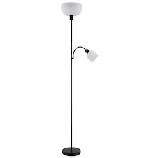 Stojací lampa, matný černý kov, bílý plast, Ø:260mm, V:1787mm, délka kabelu 1800mm, velké sklo Ø:26cm, čtecí sklo Ø:11cm, V:9cm, bez žárovky 1x E27, max. 40W 230V, bez žárovky 1x E14, max. 25W 230V