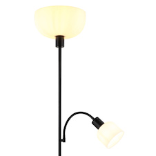 Stojací lampa, matný černý kov, bílý plast, Ø:260mm, V:1787mm, délka kabelu 1800mm, velké sklo Ø:26cm, čtecí sklo Ø:11cm, V:9cm, bez žárovky 1x E27, max. 40W 230V, bez žárovky 1x E14, max. 25W 230V