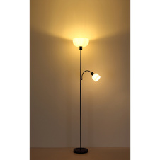 Stojací lampa, matný černý kov, bílý plast, Ø:260mm, V:1787mm, délka kabelu 1800mm, velké sklo Ø:26cm, čtecí sklo Ø:11cm, V:9cm, bez žárovky 1x E27, max. 40W 230V, bez žárovky 1x E14, max. 25W 230V