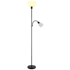 Stojací lampa, matný černý kov, bílý plast, Ø:260mm, V:1787mm, délka kabelu 1800mm, velké sklo Ø:26cm, čtecí sklo Ø:11cm, V:9cm, bez žárovky 1x E27, max. 40W 230V, bez žárovky 1x E14, max. 25W 230V