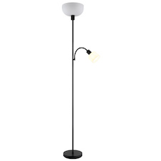Stojací lampa, matný černý kov, bílý plast, Ø:260mm, V:1787mm, délka kabelu 1800mm, velké sklo Ø:26cm, čtecí sklo Ø:11cm, V:9cm, bez žárovky 1x E27, max. 40W 230V, bez žárovky 1x E14, max. 25W 230V