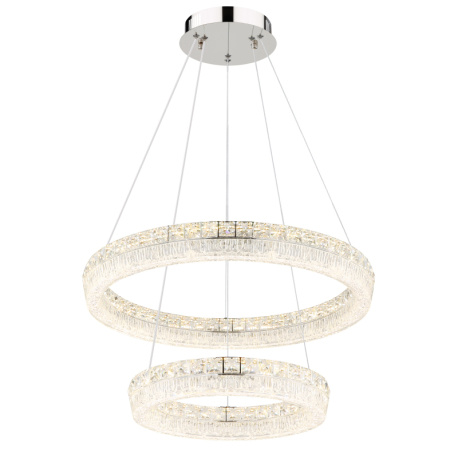 Závěsné svítidlo, chromovaný kov, průhledný akrylát, průhledné skleněné krystaly, stmívatelné, více úrovní pomocí nástěnného vypínače, paměť, dálkové ovládání, Ø:60cm, V:120cm LED 60W 230V, výstup 440–4900lm, změna barvy světla 2700–6000K