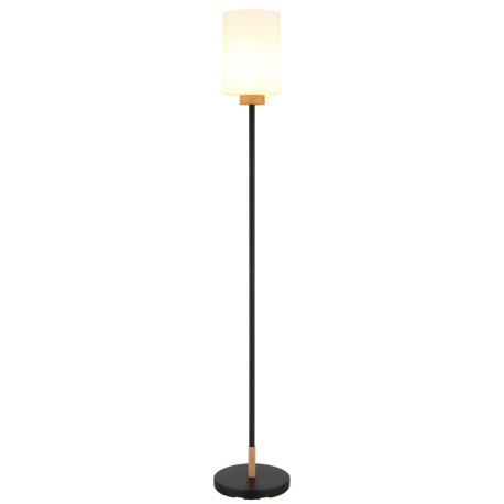 Stojací lampa, matný černý kov, matné bílé sklo, tmavý dub, černý textilní kabel, nožní vypínač integrovaný v kabelu, Ø:25cm, V:150cm, délka kabelu 210cm, bez žárovky 1x E27, max. 60W, 230V
