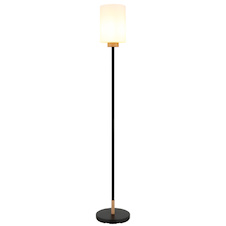 Stojací lampa, matný černý kov, matné bílé sklo, tmavý dub, černý textilní kabel, nožní vypínač integrovaný v kabelu, Ø:25cm, V:150cm, délka kabelu 210cm, bez žárovky 1x E27, max. 60W, 230V