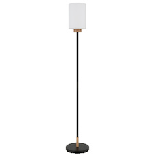 Stojací lampa, matný černý kov, matné bílé sklo, tmavý dub, černý textilní kabel, nožní vypínač integrovaný v kabelu, Ø:25cm, V:150cm, délka kabelu 210cm, bez žárovky 1x E27, max. 60W, 230V