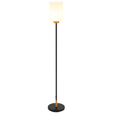 Stojací lampa, matný černý kov, matné bílé sklo, tmavý dub, černý textilní kabel, nožní vypínač integrovaný v kabelu, Ø:25cm, V:150cm, délka kabelu 210cm, bez žárovky 1x E27, max. 60W, 230V