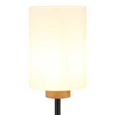 Stojací lampa, matný černý kov, matné bílé sklo, tmavý dub, černý textilní kabel, nožní vypínač integrovaný v kabelu, Ø:25cm, V:150cm, délka kabelu 210cm, bez žárovky 1x E27, max. 60W, 230V