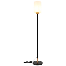Stojací lampa, matný černý kov, matné bílé sklo, tmavý dub, černý textilní kabel, nožní vypínač integrovaný v kabelu, Ø:25cm, V:150cm, délka kabelu 210cm, bez žárovky 1x E27, max. 60W, 230V