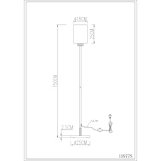 Stojací lampa, matný černý kov, matné bílé sklo, tmavý dub, černý textilní kabel, nožní vypínač integrovaný v kabelu, Ø:25cm, V:150cm, délka kabelu 210cm, bez žárovky 1x E27, max. 60W, 230V
