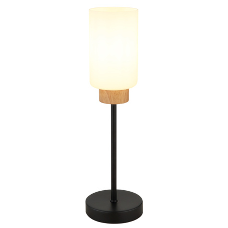 Stolní lampa, matný černý kov, matné bílé sklo, tmavý dub, černý textilní kabel, kolébkový vypínač na kabelu, Ø:12cm, V:42cm, délka kabelu 150cm, bez žárovek 1x E27, max. 60W 230V