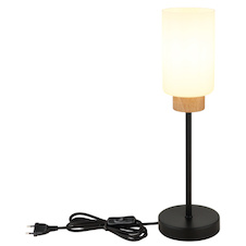 Stolní lampa, matný černý kov, matné bílé sklo, tmavý dub, černý textilní kabel, kolébkový vypínač na kabelu, Ø:12cm, V:42cm, délka kabelu 150cm, bez žárovek 1x E27, max. 60W 230V