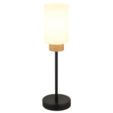 Stolní lampa, matný černý kov, matné bílé sklo, tmavý dub, černý textilní kabel, kolébkový vypínač na kabelu, Ø:12cm, V:42cm, délka kabelu 150cm, bez žárovek 1x E27, max. 60W 230V