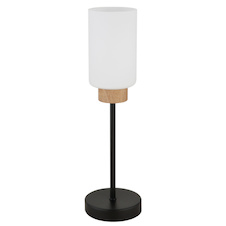 Stolní lampa, matný černý kov, matné bílé sklo, tmavý dub, černý textilní kabel, kolébkový vypínač na kabelu, Ø:12cm, V:42cm, délka kabelu 150cm, bez žárovek 1x E27, max. 60W 230V